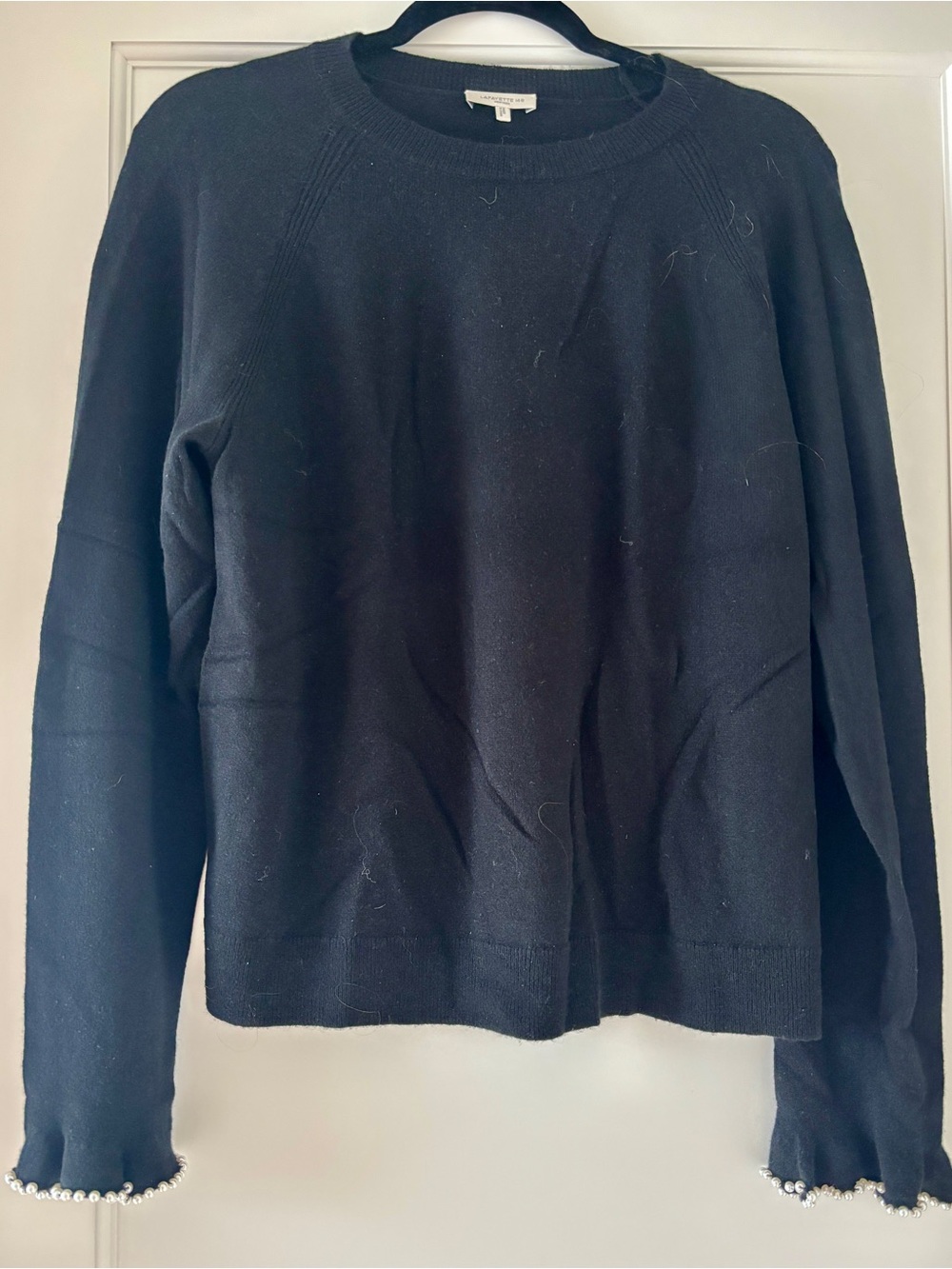 Lafayette 148 Black Cashmere Sweater with Pearl detail on sleeves size L